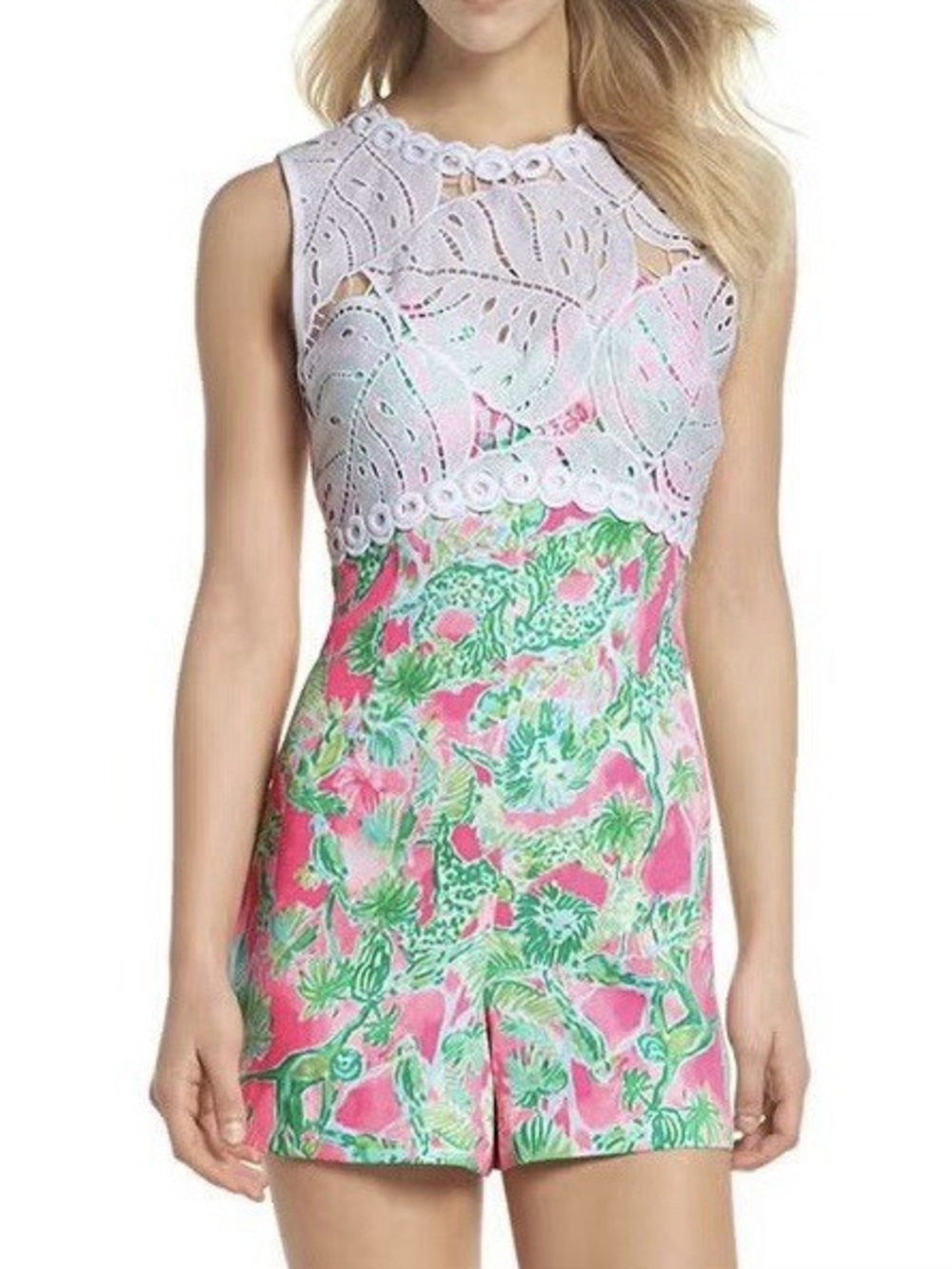 Lilly Pulitzer Pink and Green Tropical Print Dress with Lace Top